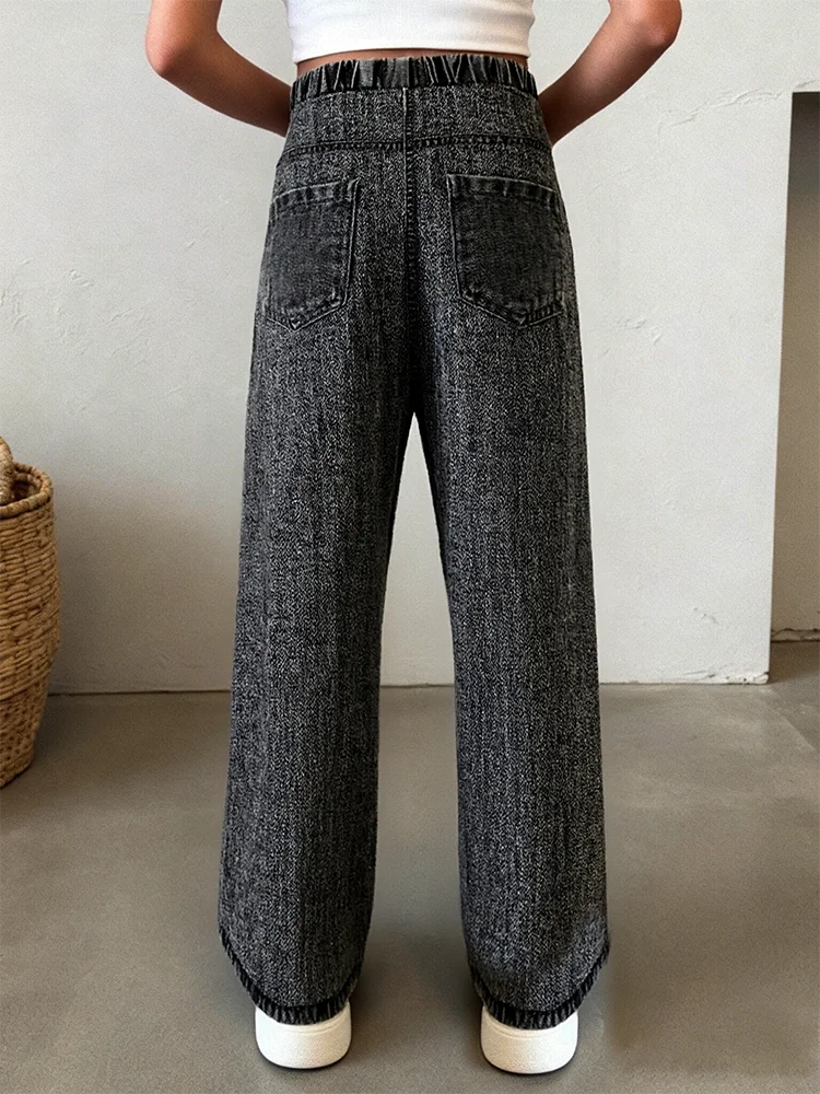 2026 children's simulated denim printed wide-leg pants, graffiti flowers, hole design, loose wide legs