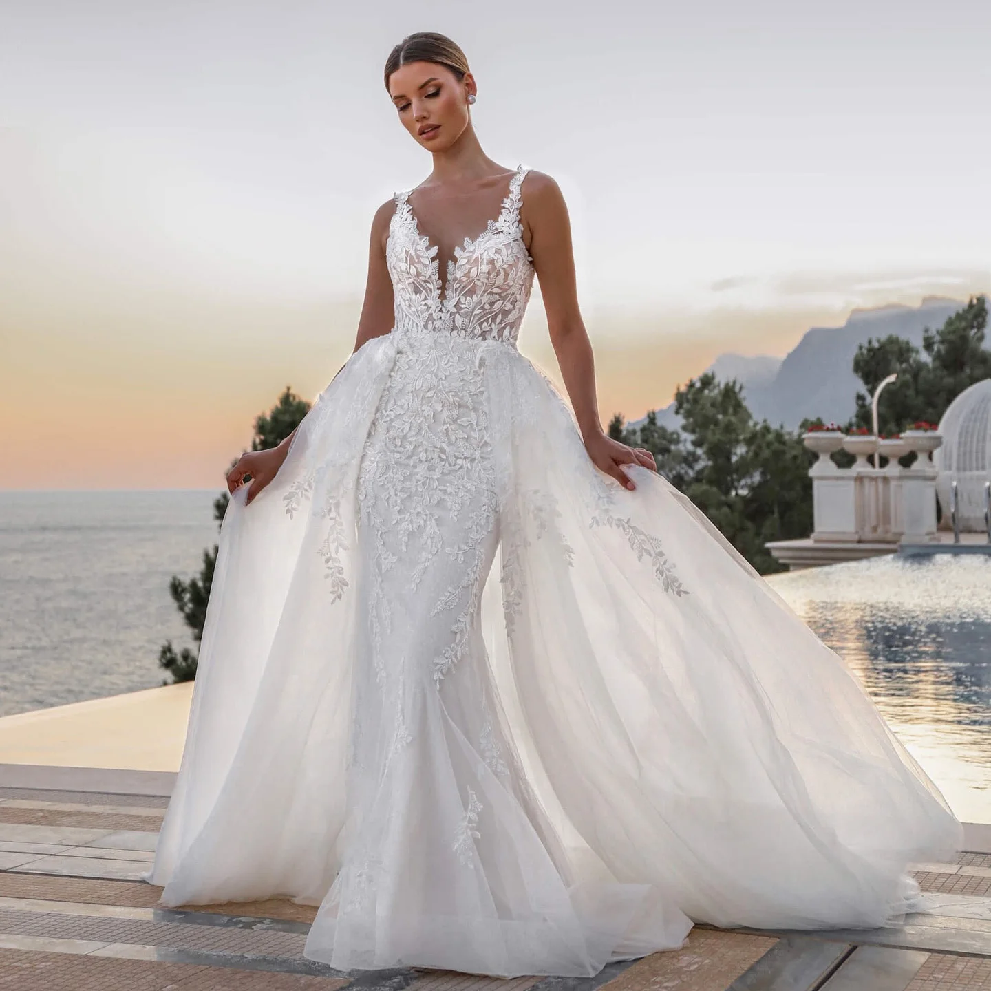 FOLOBE Exquisite Sleeveless Wedding Dresses For Woman Bride Detachable Train Mermaid Robe De Mariée Personalized Customized