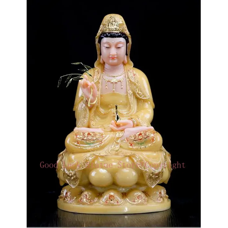 

30cm LARGE- High grade Yellow jade gilding Guanyin Buddha home Temple efficacious Talisman Mascot carving Sculpture statue