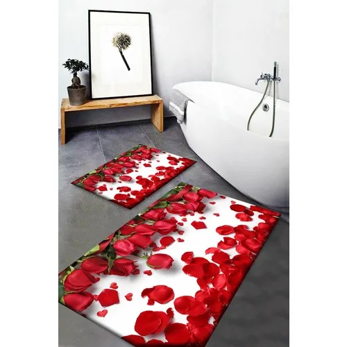 Else Carpet Else Red Roses Pattern Washable Anti-Slip Soles 2li Bath Mat Doormat Toilet Seat Pad