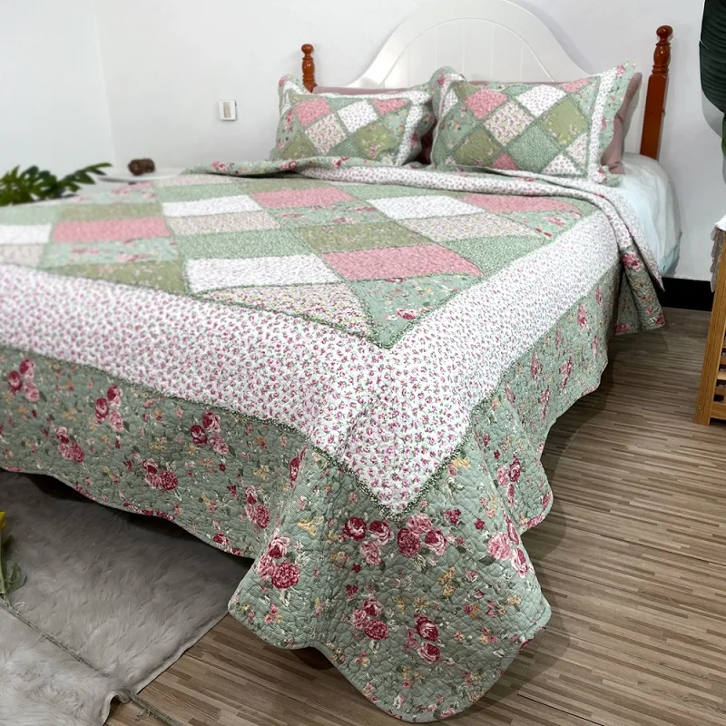 CHAUSUB Floral Comforter Quilt Set 3PCS Cotton Bedspread on the Bed Double Blanket for Bed Queen Size Summer Patchwork Coverlet