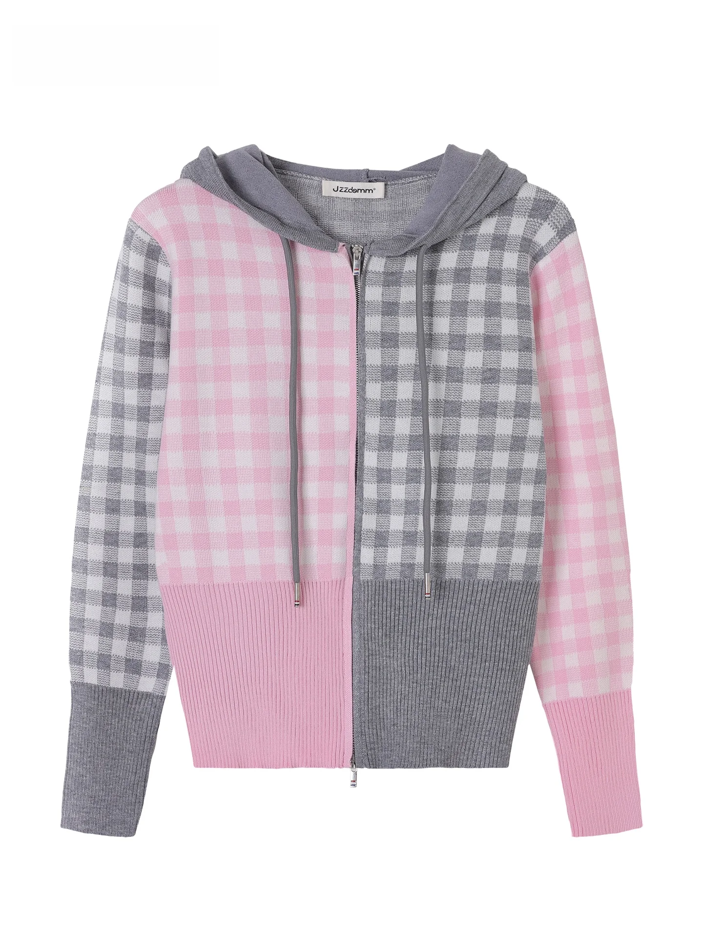 

JZZDEMM Plaid Hooded Zipper Knitted Cardigan Women's Slim Fit Versatile Sweater Jaet Top Soft Comfortable Long Sve Autumn