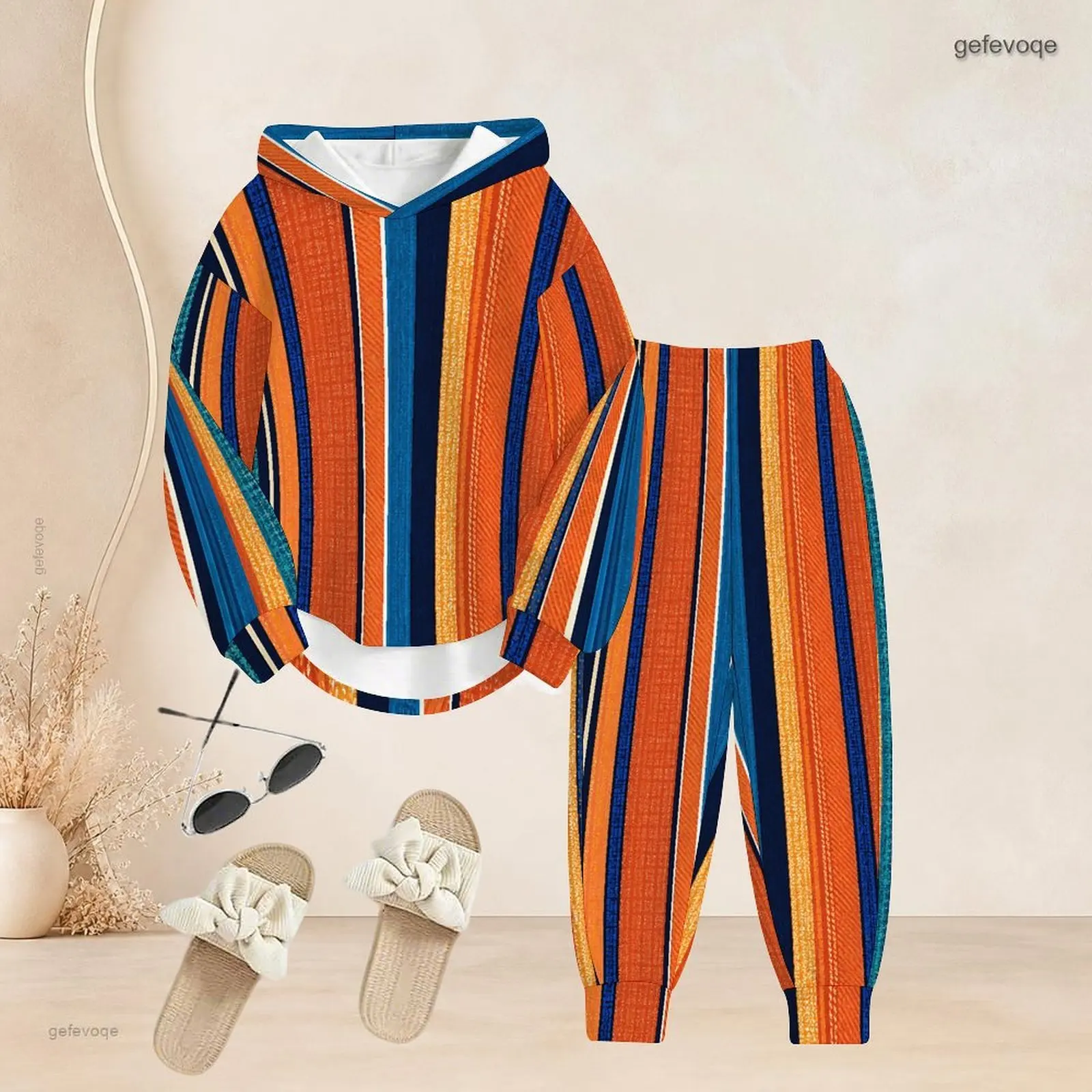 Women Printed Pants Set Long Sleeve Hooded Top Cuffed Pants Two Piece