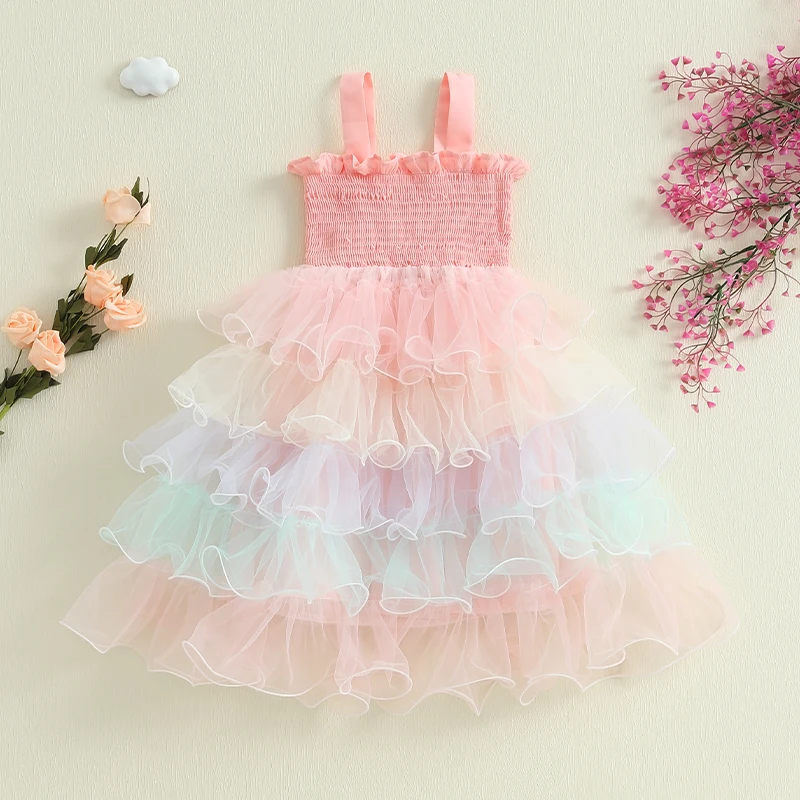 Baby Kids Girl’s Slip Dress Children Casual Sleeveless Contrast Color Layered Summer A-line Dress Tulle Princess Dress