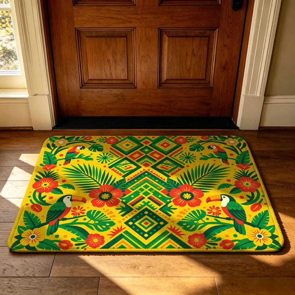 Ethnic Geometric Floral Parrot Pattern Felt Door Mat Green Yellow Boho Style Entry Mat Non-slip Washable Rug