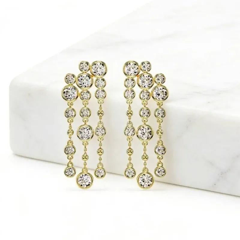 Tassel Design Bubble Series, Niche Design White Crystal Gold Drop Earrings for Women