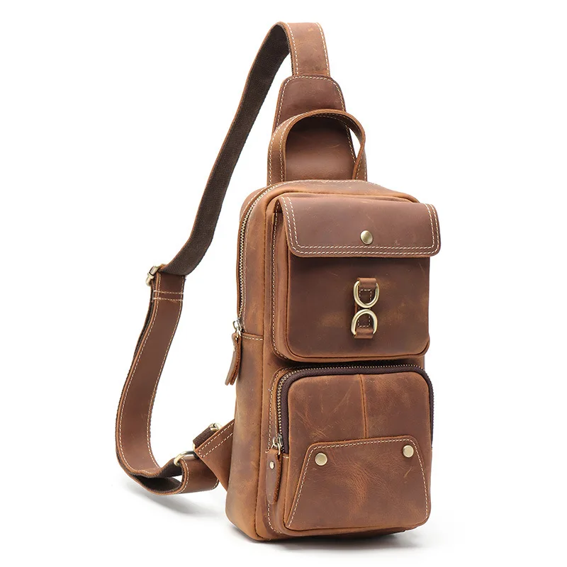 Wild Horse Leather Vintage Men's Long-Sleeved Crossbody Bag with Multiple Pockets, Large Capacity, Waterproof, Shoulder Bag