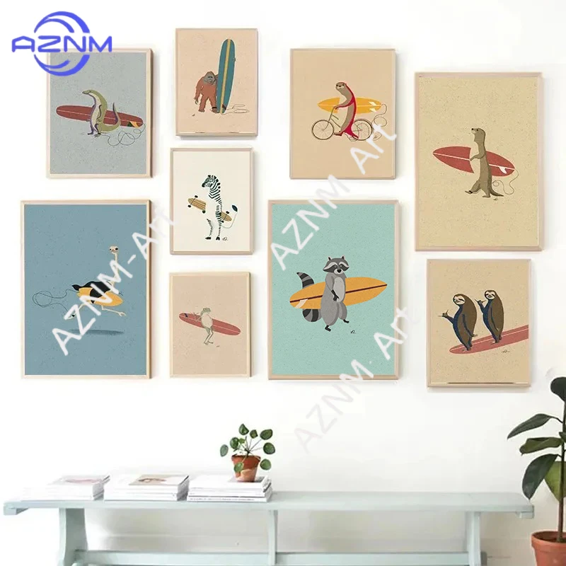 Lustige Surf-Tier-Poster, Leinwandgemälde, Faultier, Bär, Panda, Zebra, Fuchs, Wandkunst, Bild für moderne Kinderzimmer, Heimdekoration