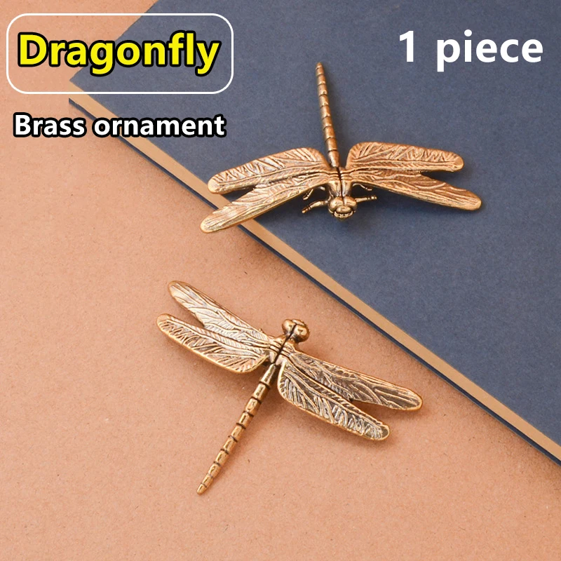 Antique Brass Dragonfly Miniature Insect Figurine Feng Shui Tea Pet Desk Decor Collectible Simulation Artwork