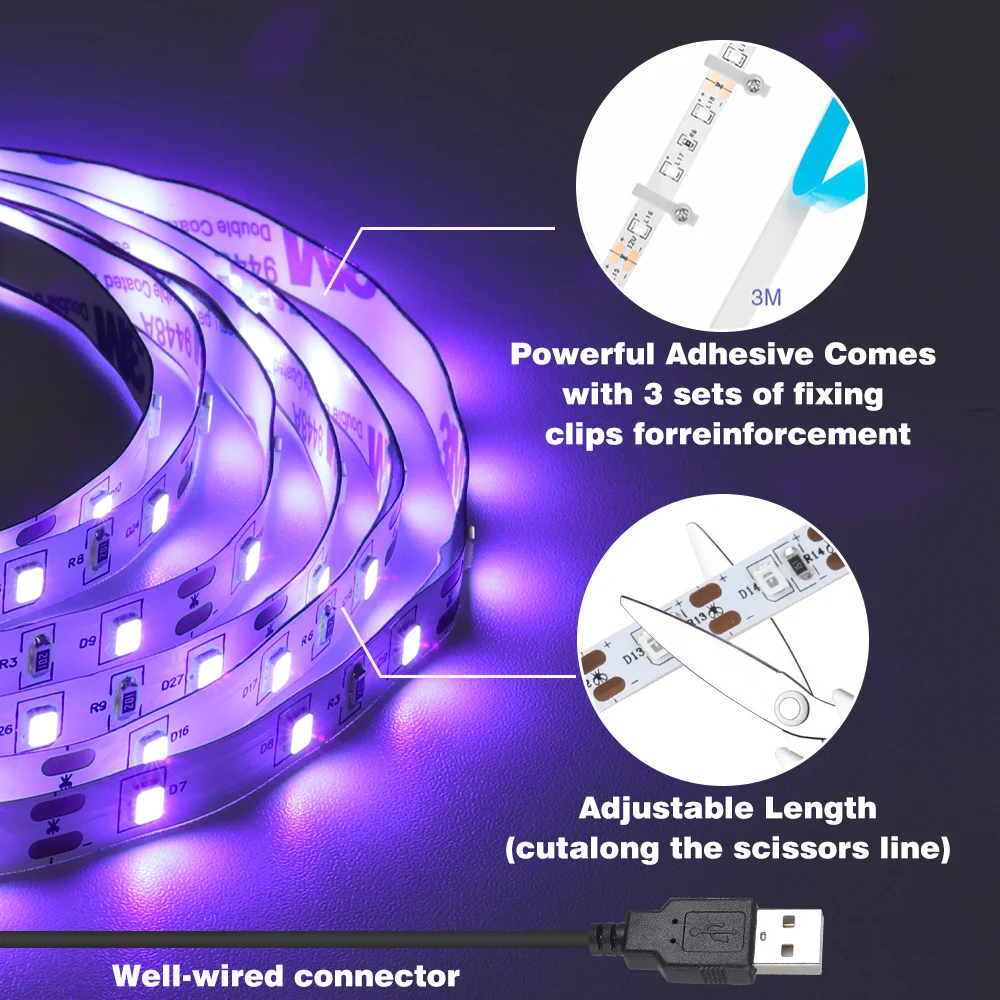 2-10M USB LED Light Strip, LED Black Light 385-400nm UV Light, Cuttable for Christmas Fluorescent Party Neon Room Decor Tapestry