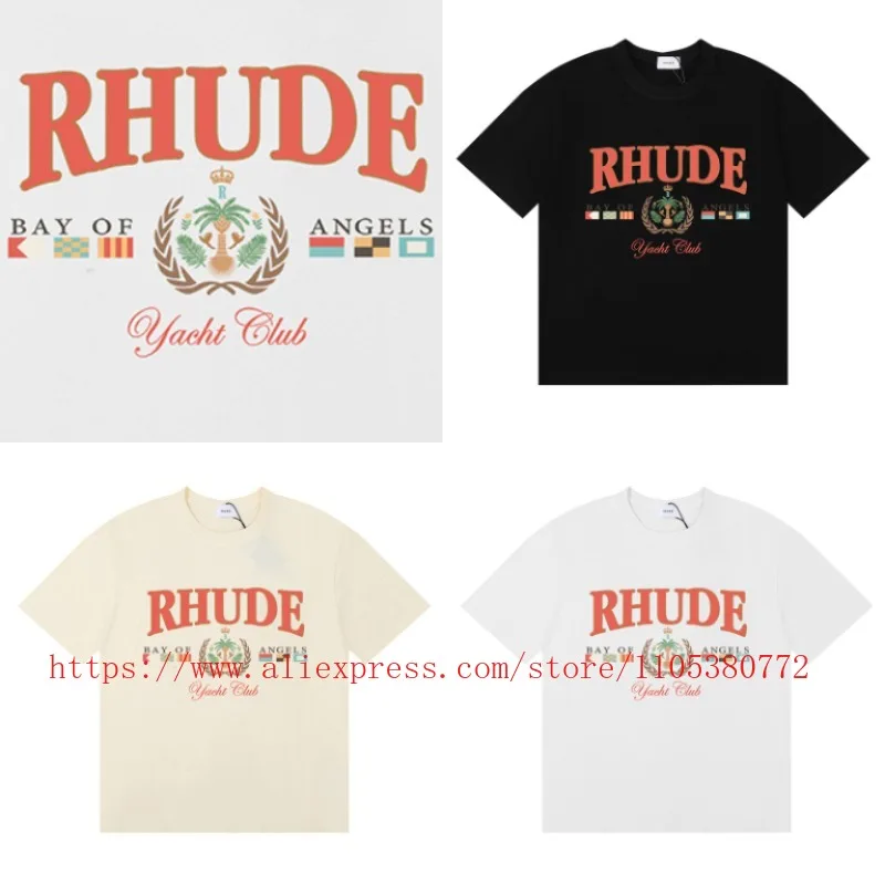 RHUDE – T-Shirt à col ras du cou pour hommes, avec lettres et Logo imprimés, haut ample et décontracté, livraison rapide, nouvelle collection