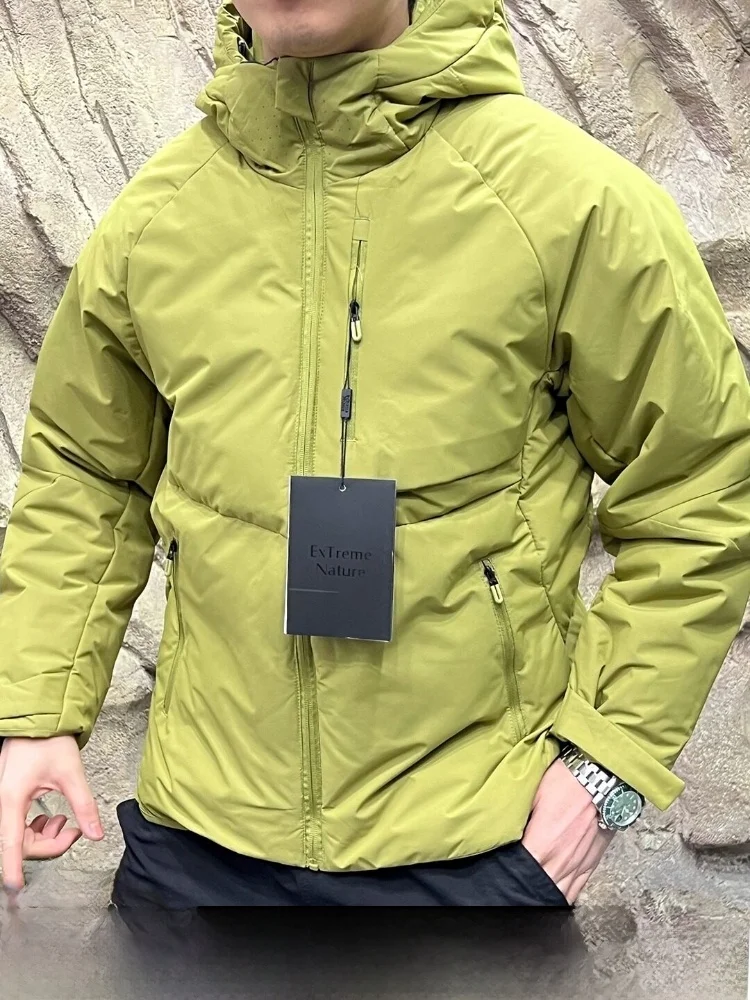 

Thiened Technological Cotton Jaet for Men Winter Warm Bfled Hooded Casual Stand Fit Long Sve Pure Color Coat