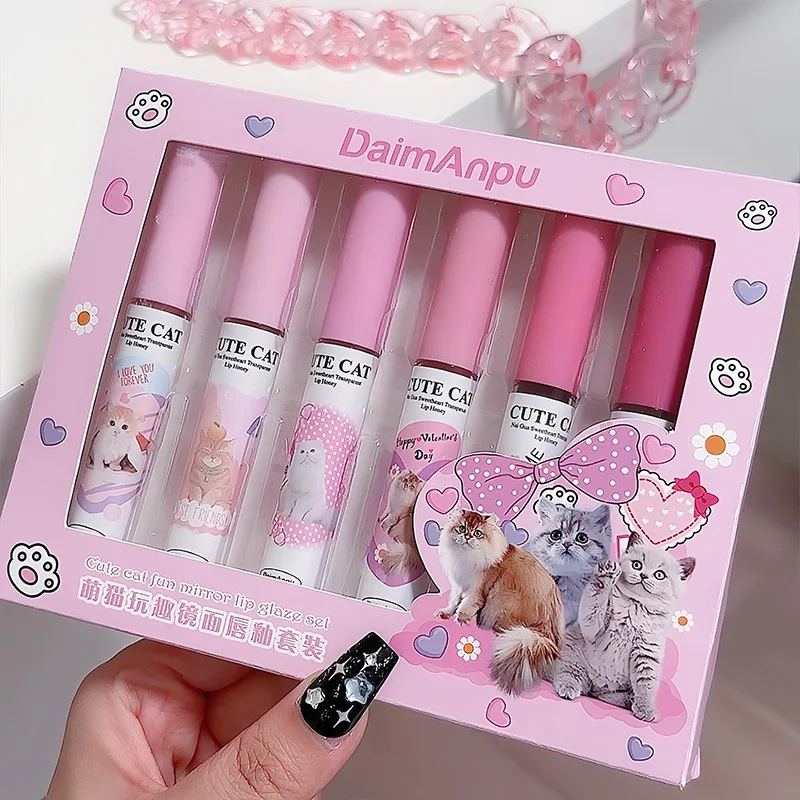 Mirror Lip Gloss Kit Cute Cat Playful Design Sheer Texture High Shine Non Sticky Hydrating Lightweight Summer Makeup forStudents