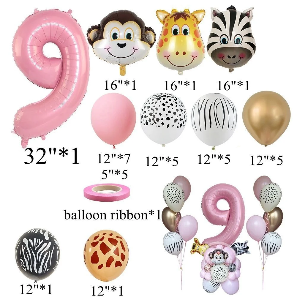 1set Wild Animal Balloon Tower with Pink Disposable Tableware for Girl's Jungle Safari Themed Forest Birthday Party Decorations