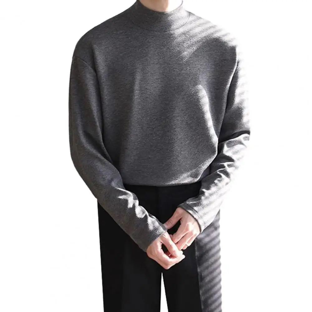 Men Long-sleeve T-shirt Men's Half-high Collar Warm Pullover For Fall Winter Soft Long Sleeves Elastic Bottom Top Loose Wear