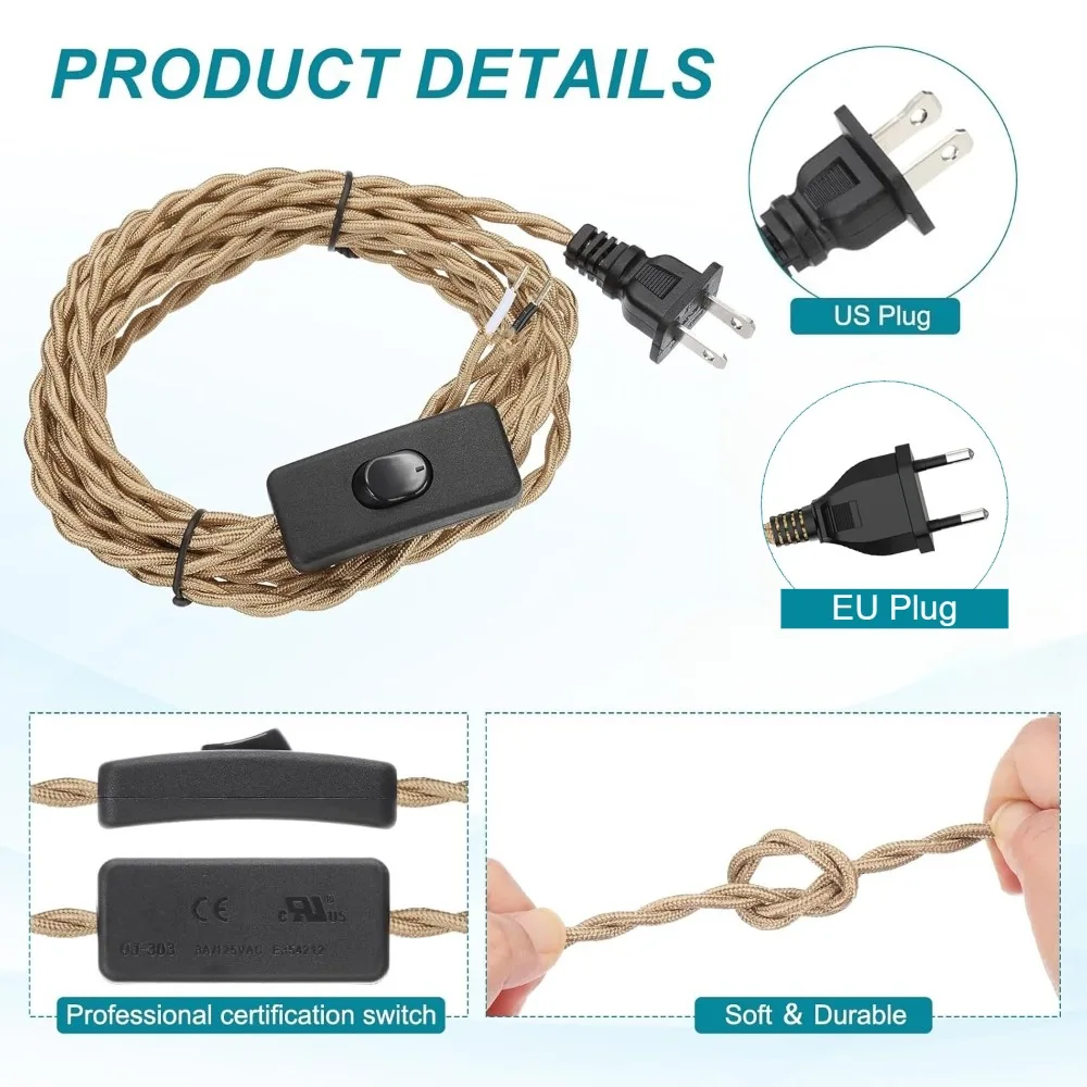 JOYINLED DIY 3M Pendant Light Cord, EU Plug US Plug with Switch, 1/10PCS, Vintage Lamp Cable Hanging Light Lamp Holder Kit