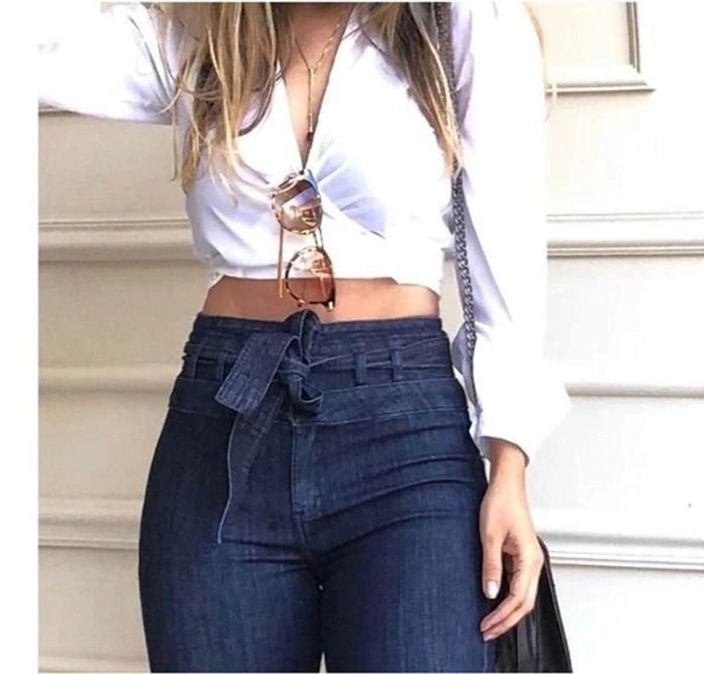 Womens Flared Jeans Denim Pants Zipper Floor Length Streetwear Work Elegant Office Lady Slight Strech Belt High Waisted Jeans