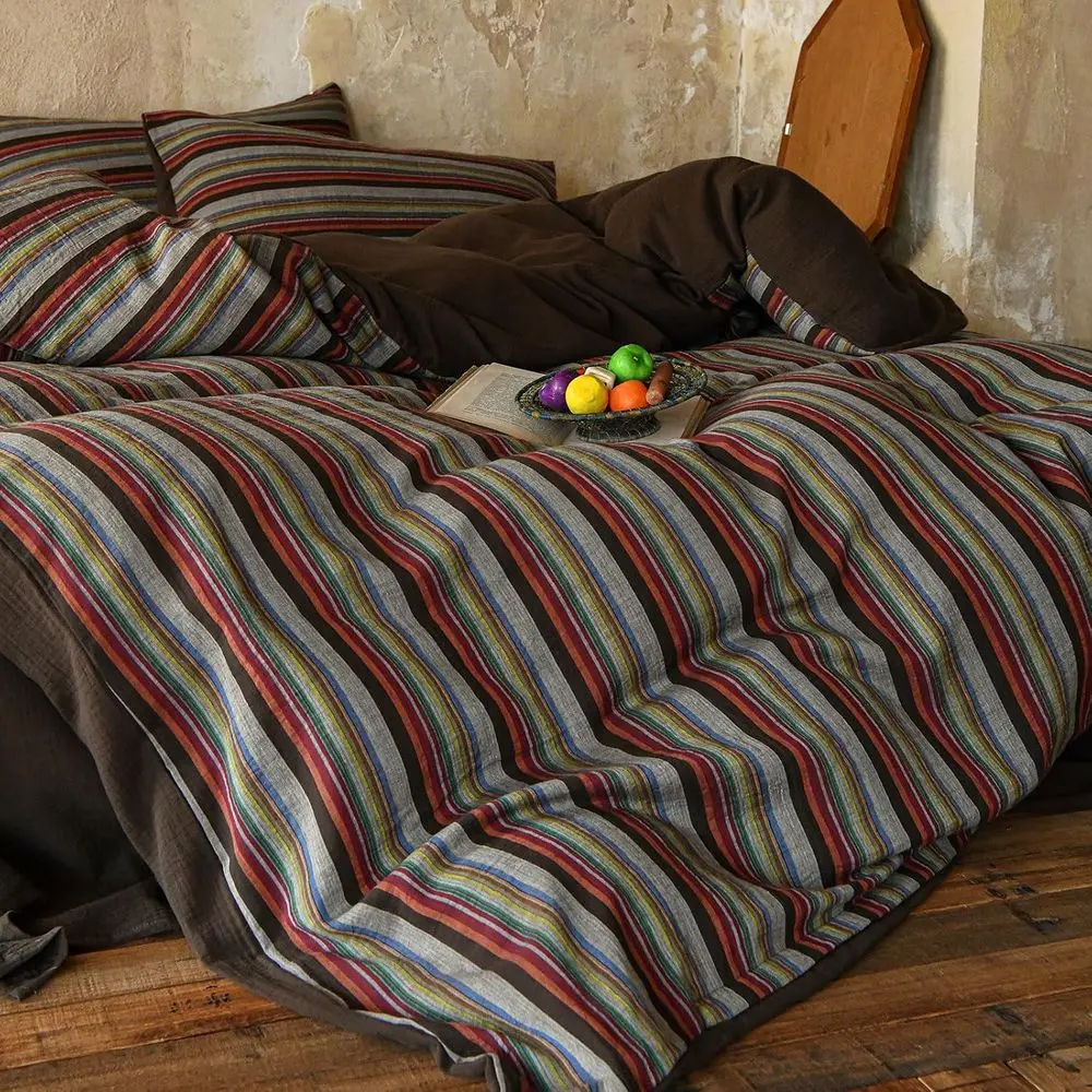 Striped Duvet Cover King Vintage Brown Comorter Cover King Size Cotton Double Gauze Zipper Duvet Cover Set with 2 Pillowcases Mu