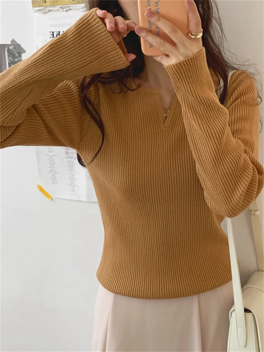 Alien Kitty Vintage Hot Solid V-Neck 2022 Sweet Causal Clothe Slim All Match Stylish Women New Sweater Streetwear Basic Tops