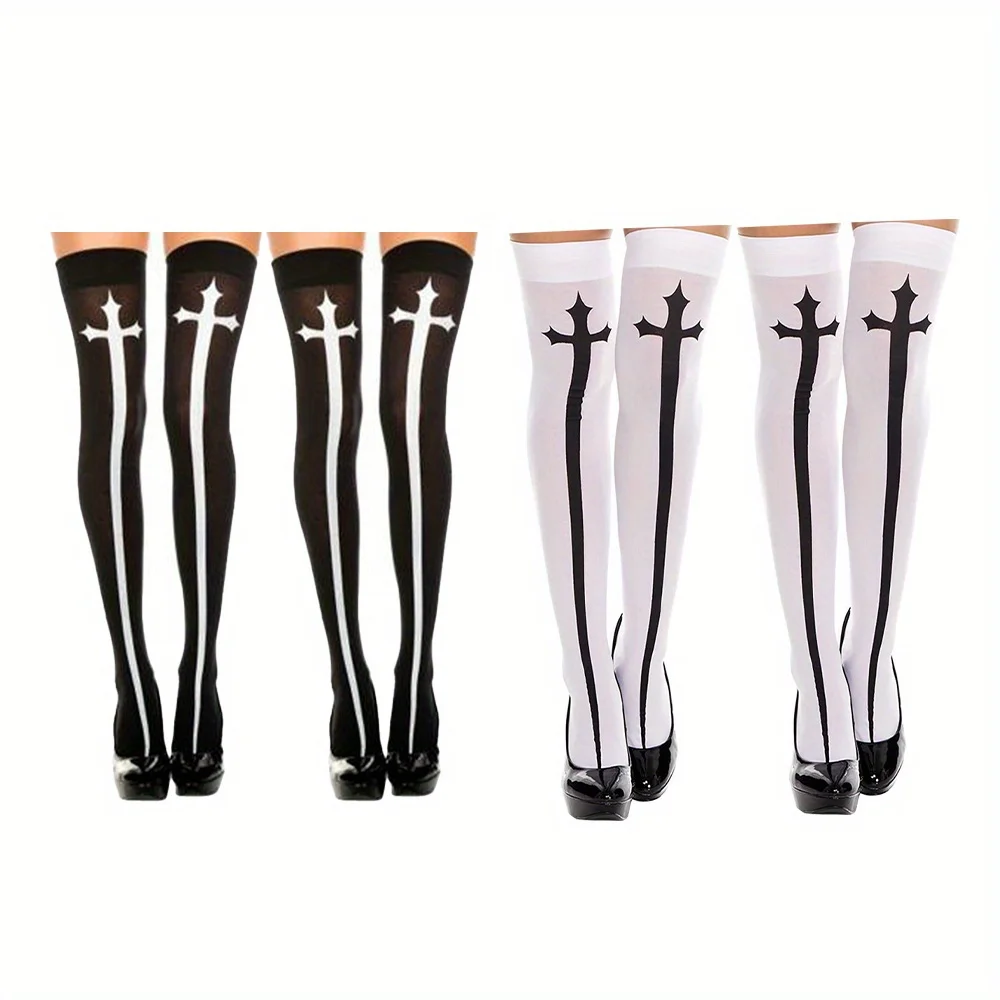 

Pesenar Halloween Women's Gothic Cross Opaque Thigh Hi