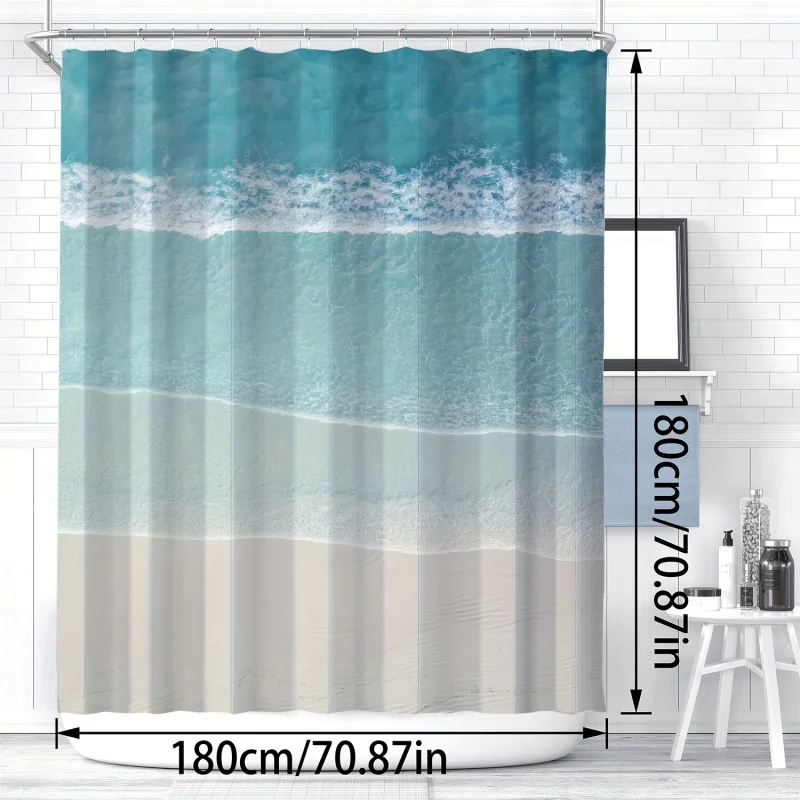 Coastal Bliss: 1pc Waterproof Beach Scene Print Shower Curtain with Hooks - Durable Polyester, Machine Washable, All-Season Bath