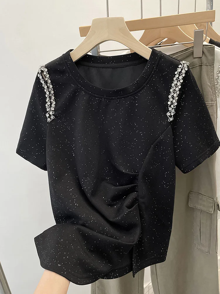 T-Shirt da donna Chic moda coreana scavata con diamanti intarsiati T-Shirt in cotone manica corta magliette irregolari top femminili