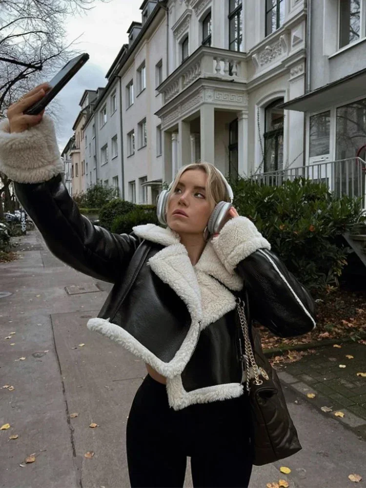 

Fashion Double Sided Short Jacket Women Warm Thick Lapel Lambswool Coat Autumn Winter Vintage Female Fleece Chic Tops