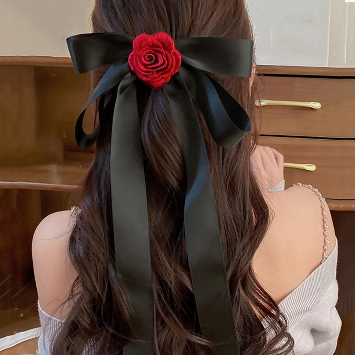 Lystrfac New Rose Blossom Bowknot Hairpin for Women Red Long Ribbon Design Spring Clip Fashion Female Hairgrips Hair Accessories