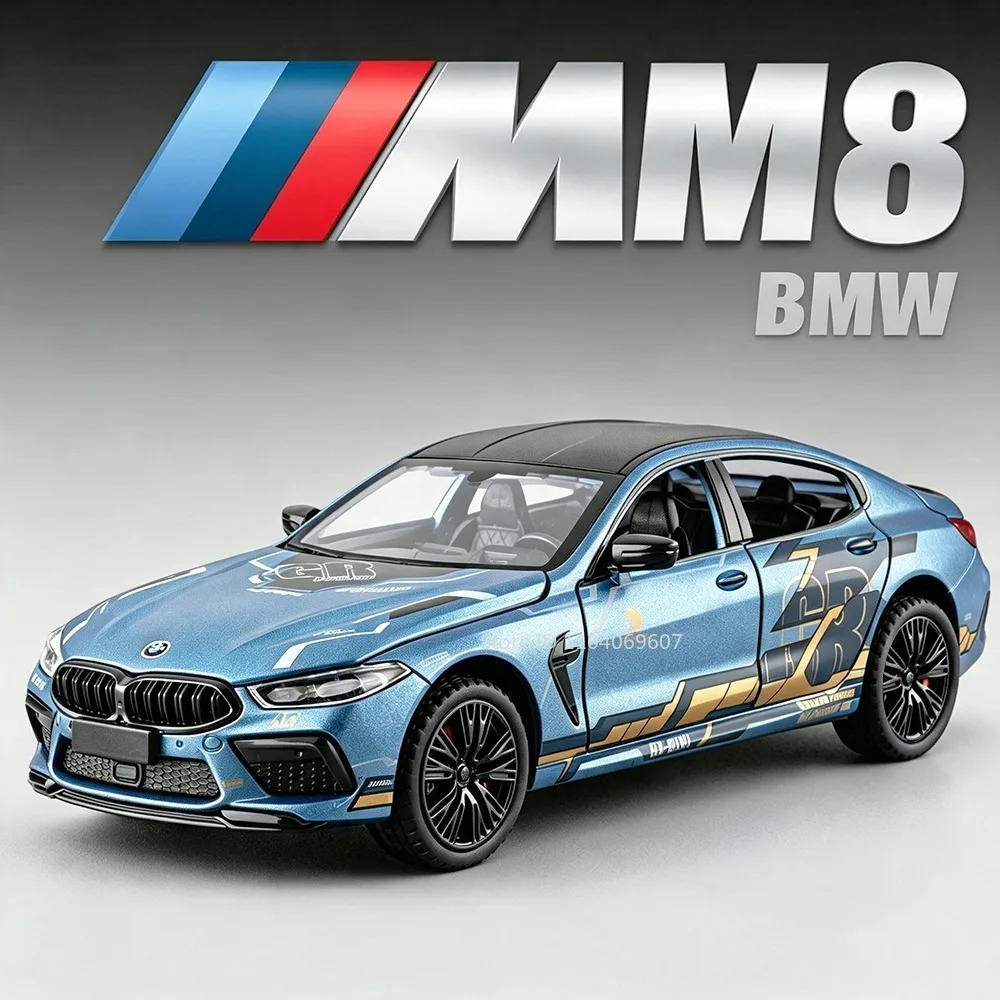 1:32 Scale BMW M8 M4 Toy Car Models Alloy Diecast Doors Opened Sound Light Pull Back Simulation Interior Interaction Toys Cars
