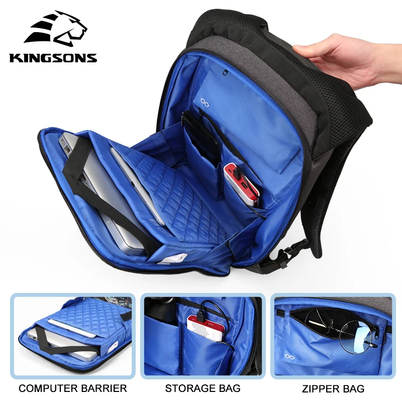 Kingsons Men\'s Backpack Fashion Multifunction USB Charging Men 13 15 inch Laptop Backpacks Anti-theft Bag For Men