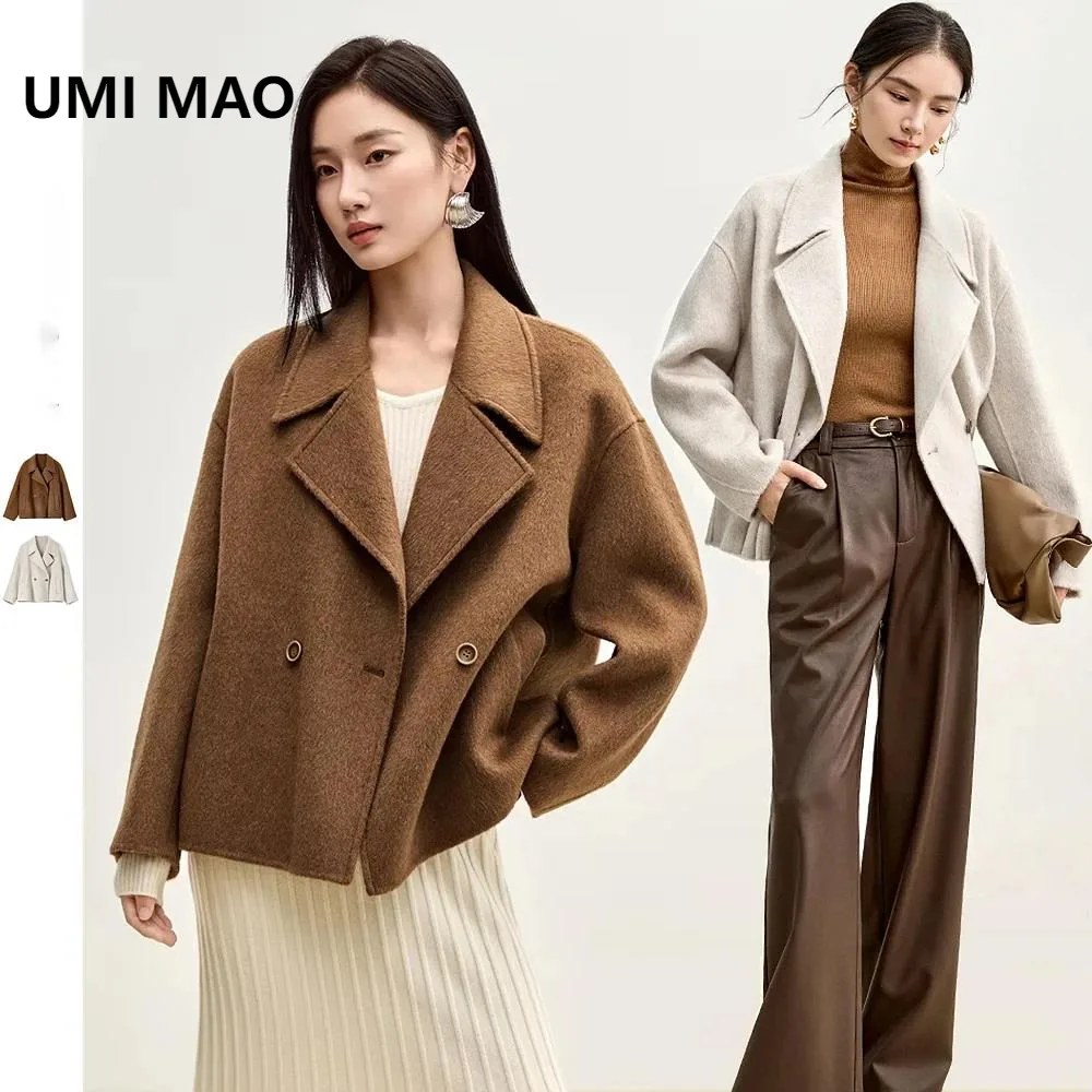 

UMI MAO зимние короткие шерстяные куртки женская верхняя одежда 2024 модные двубортные свободные пальто с зубчатым воротником женские