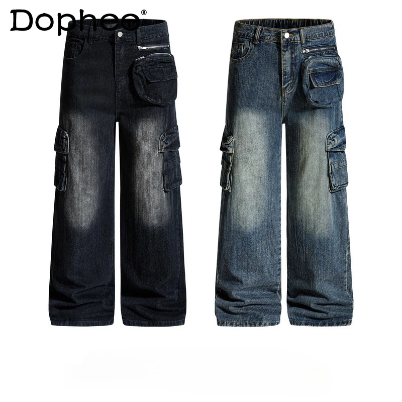 

Fashion American Style Street Multi-Pocket Denim Pants Men 2025 Autumn New Tie-Dye Denim Trousers Straight Tooling Denim Pants