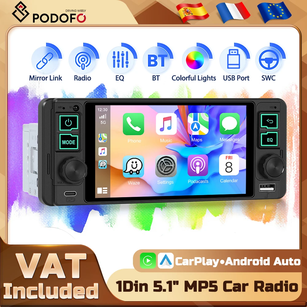 Radio Estéreo para Auto Podofo 1 Din de 5.1 Pulgadas, Reproductor Multimedia MP5, CarPlay Inalámbrico, Android Auto, BT, USB, AUX, EQ, Cámara de Visión Trasera