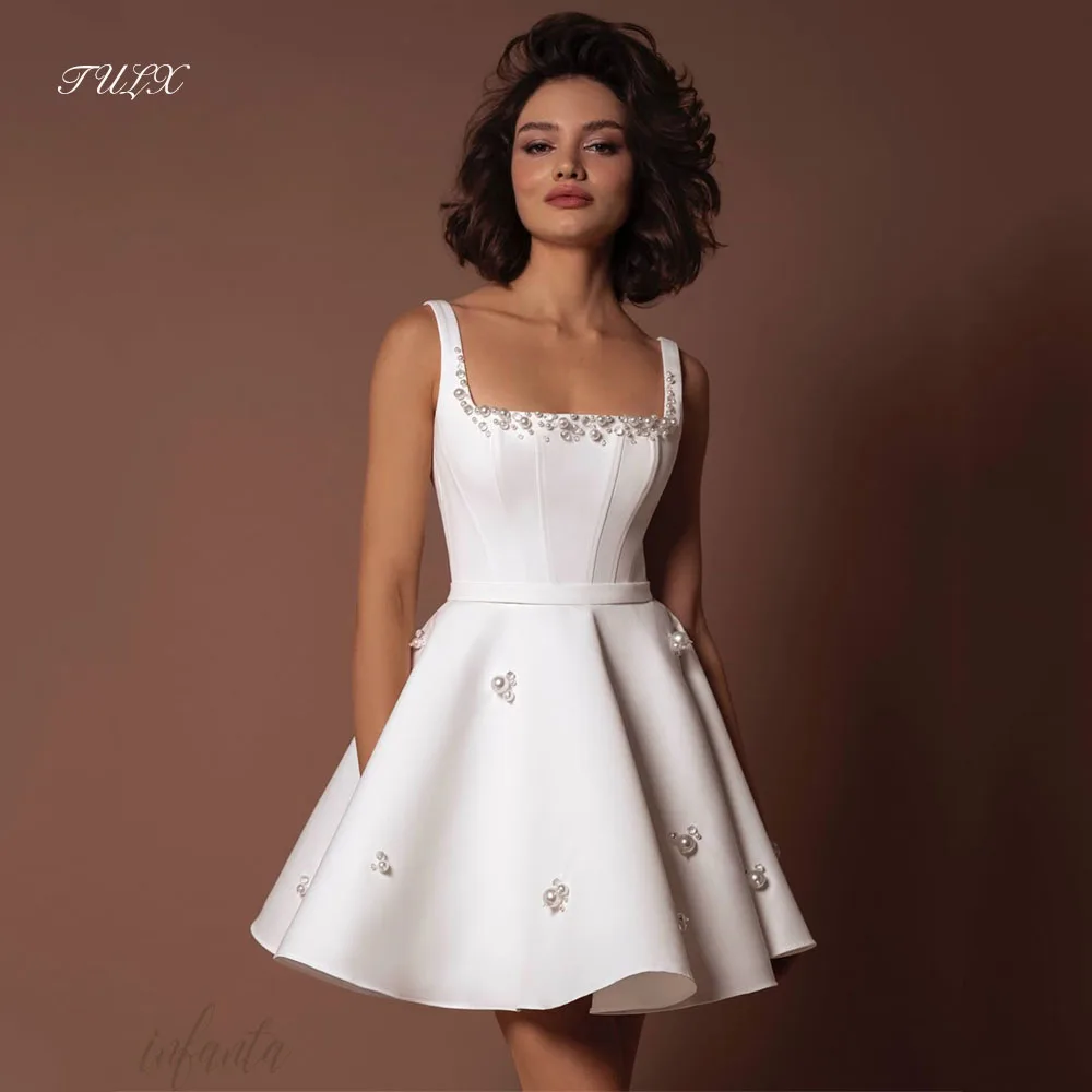 TULX ミニアイボリーサテンのウェディングドレススクエアカラーストラップビーズブライダルドレス A ラインショート婚約パーティードレスカスタマイズ