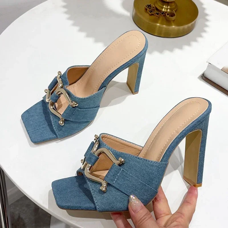 New Blue Denim Slippers Women Outdoor Mules High Heels Fashion Metal Buckle Designer Sandals Square Toe Ladies Shoes Size 35-41