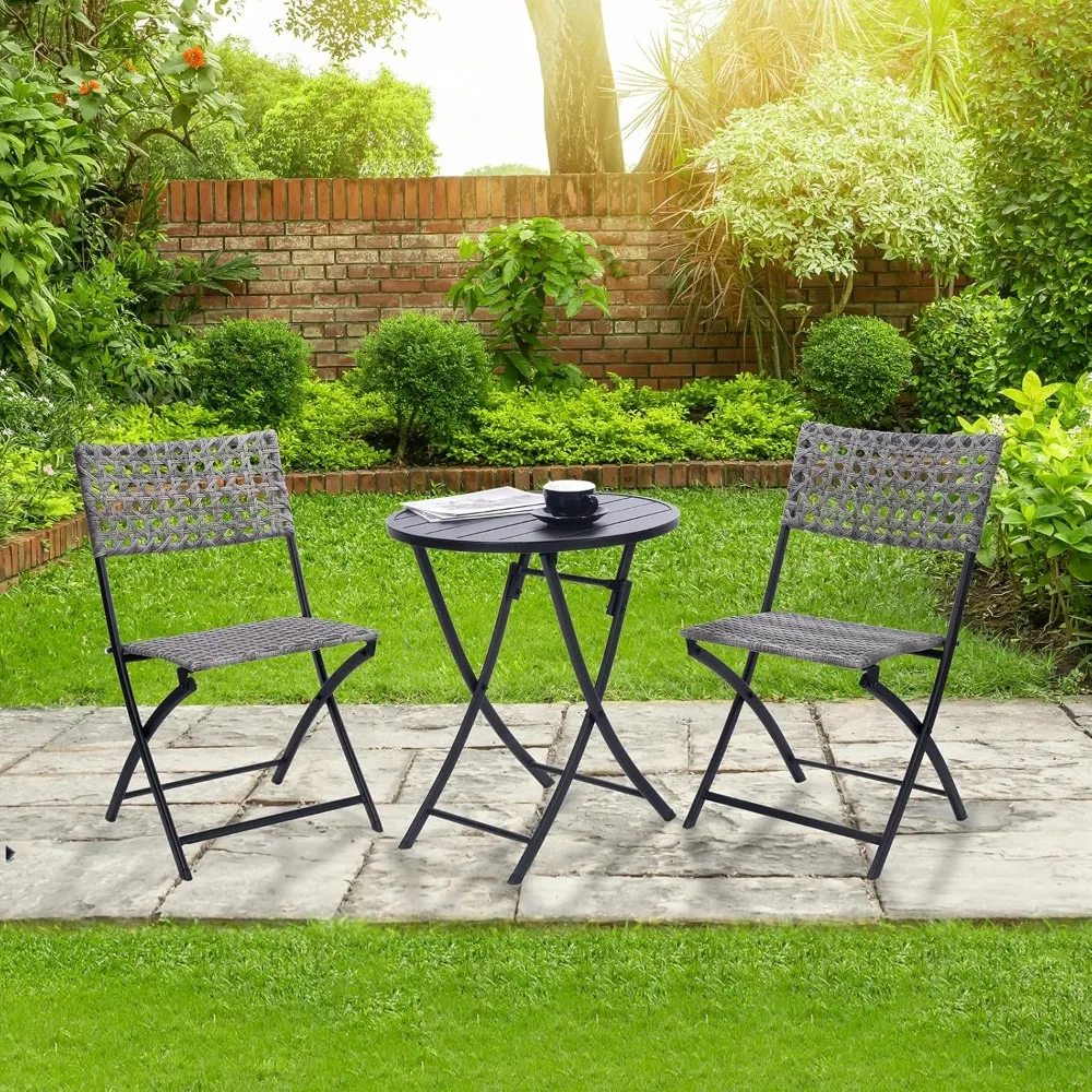 

3 Piece Folding Outdoor Patio Bistro Set, Wicker Patio Furniture Sets with Table and Chairs for Garden, Backyard, Porch, Patio