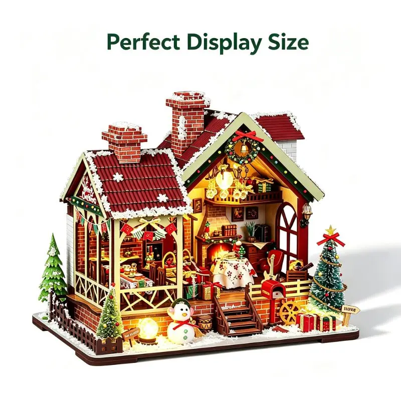 DIY Christmas Miniature Dollhouse Kit, Handcraft Assembly Scene Model with Music Box LED Light, Xmas Home Decoration