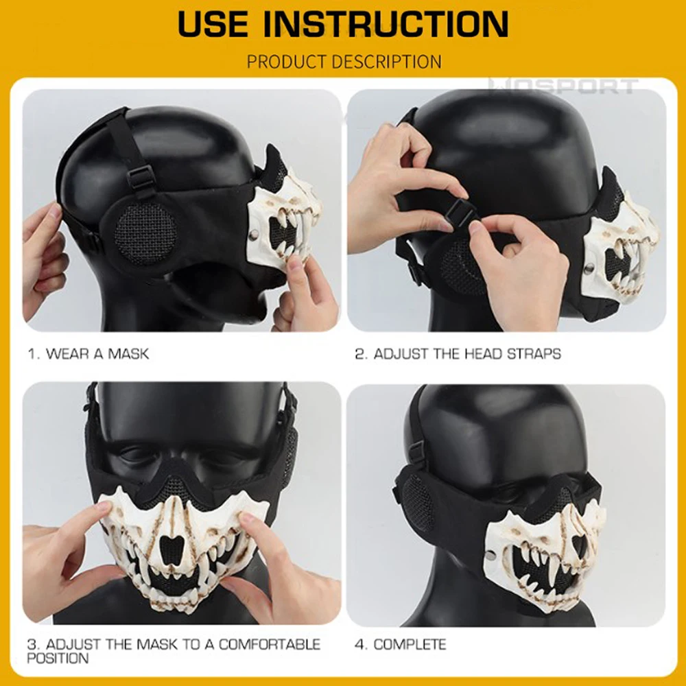 Airsoft Face Mask with Steel Mesh Earmuffs Fangs Mask Outdoor Cycling Breathable Half Mask Halloween Vampire Teeth Horror Props