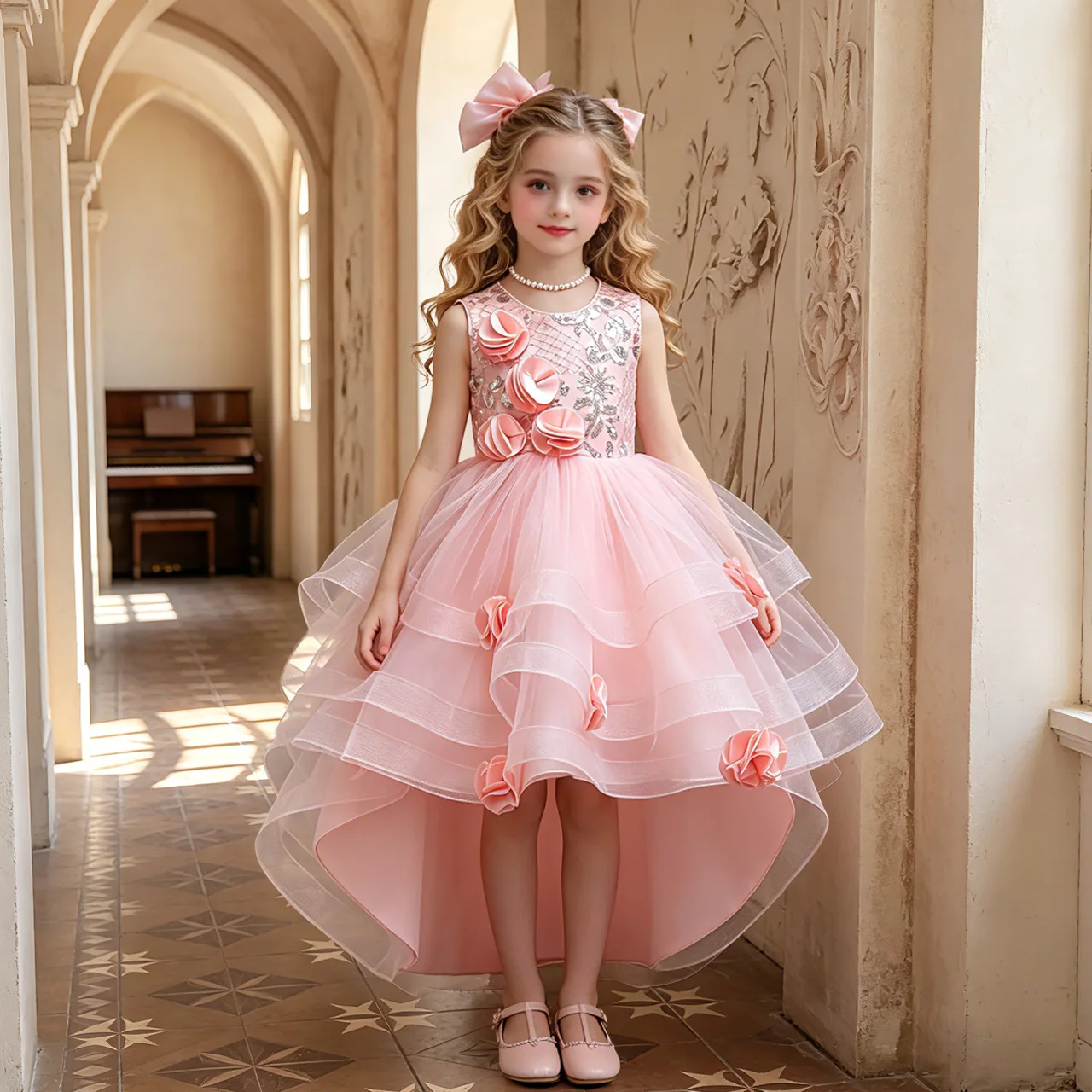 Girls Trailing Princess Dress Flower Girl Tutu Gown Runway Show Host Piano Performance Costume Elegant Evening Formal Dress