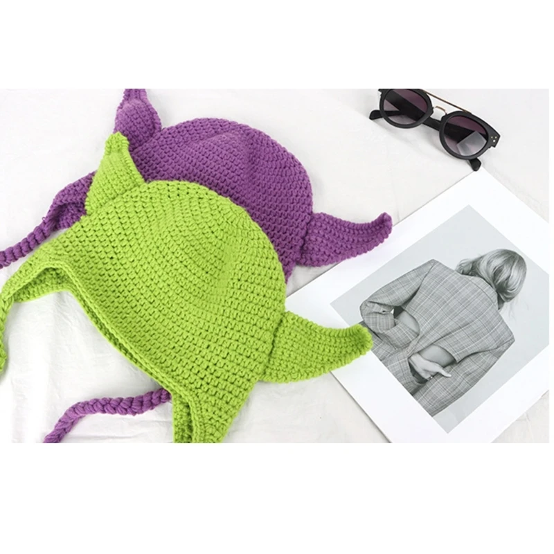 Girl Y2K-theme Party Hat Knitted Hat Balaclava-hat Thicken Fisherman Hat Ears Hat Dreamy Green Purple Color