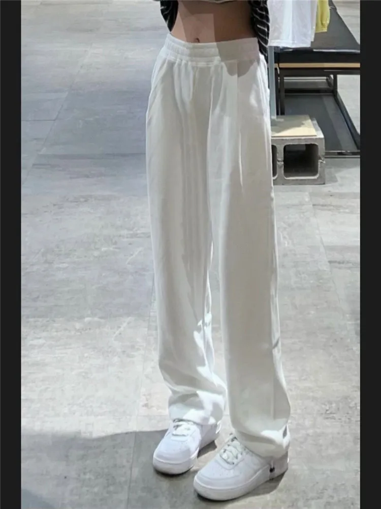 Pantalon blanc à jambes larges et taille haute pour femme, vêtement de sport, droit, Streetwear, collection printemps 2022