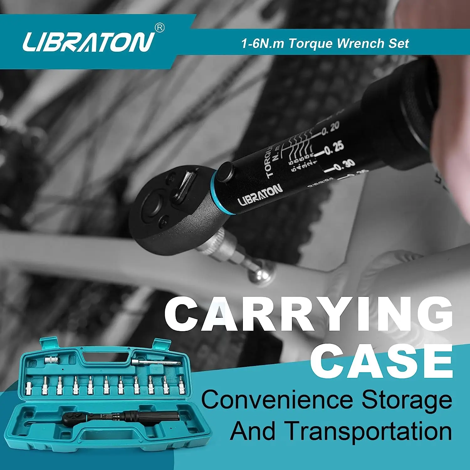 LIBRATON Bike Torque Wrench 1/4\'\' 1-6Nm, 0.05 Nm Micro, Drive Click Torque Wrench Set, Hex, Torx/Star Bit Sockets, Extension Bar