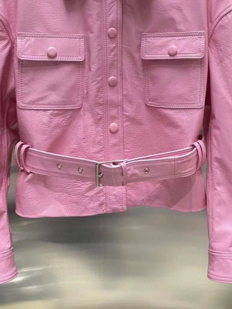 패션 여성 느슨한 양피 새시 싱글 브레스트 긴 소매 옷깃 솔리드 컬러 최고 품질 정품 가죽 짧은 재킷