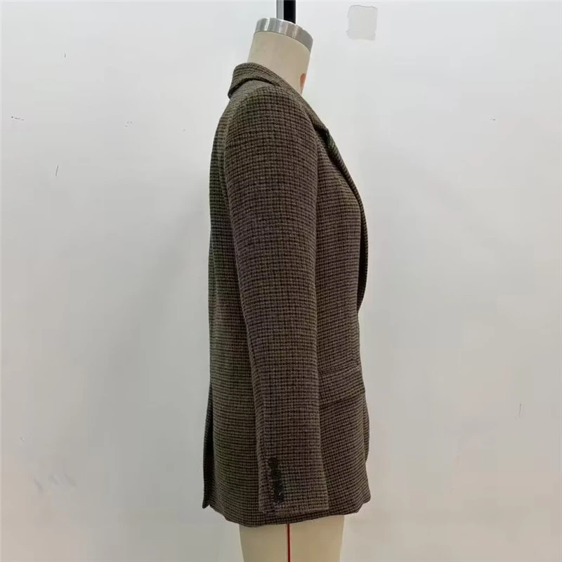 KEANKETIAN Otoño/Invierno nuevo traje de lana de pata de gallo para mujer abrigo estilo Retro bolsillos con solapa de un solo pecho prendas de vestir exteriores gruesas delgadas