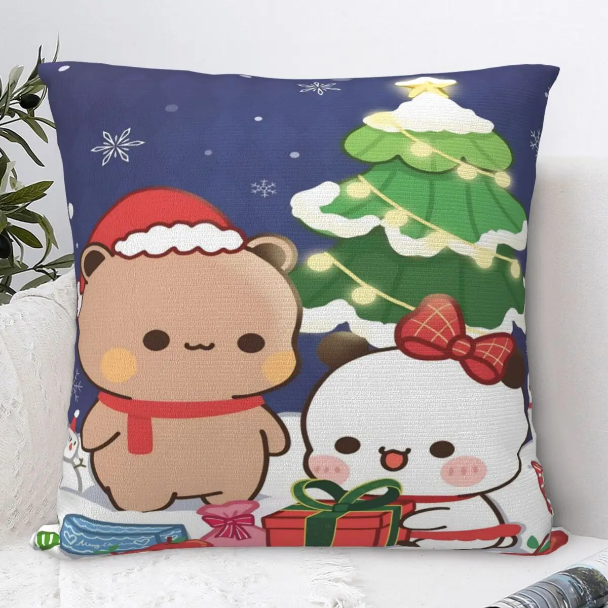 Bubu e Dudu Buon Natale Federa per cuscino Fodera per cuscino con grafica in poliestere Federe Kawaii per sedia da soggiorno