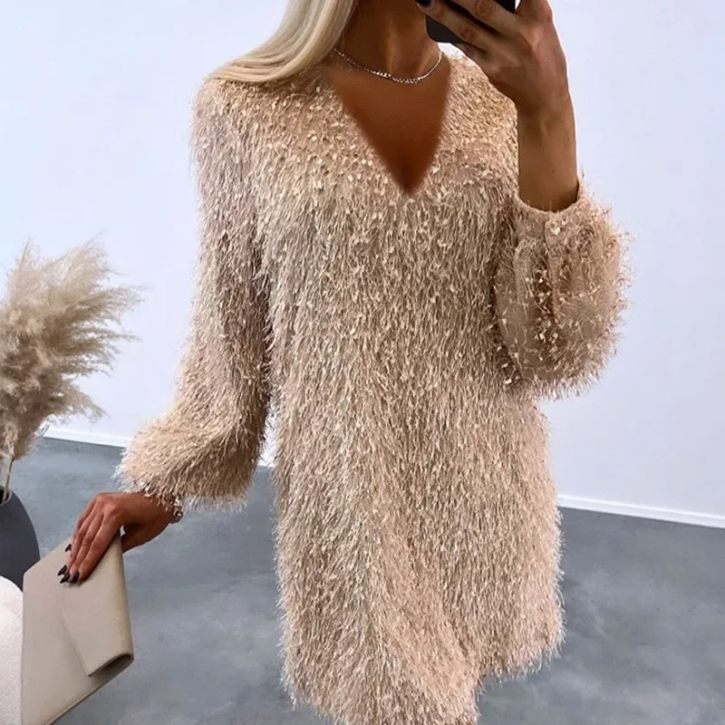 

Temperament New Arrivals Design Spring Autumn Women's Clothing Solid Color V-neck Furry Tassel Long Sleeve Dress