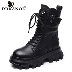 DRKANOL 2024 Fashion Autumn Winter Warm Platform Boots Women Genuine Leather Wedges Heel Motorcycle Boots Handmade Retro Style