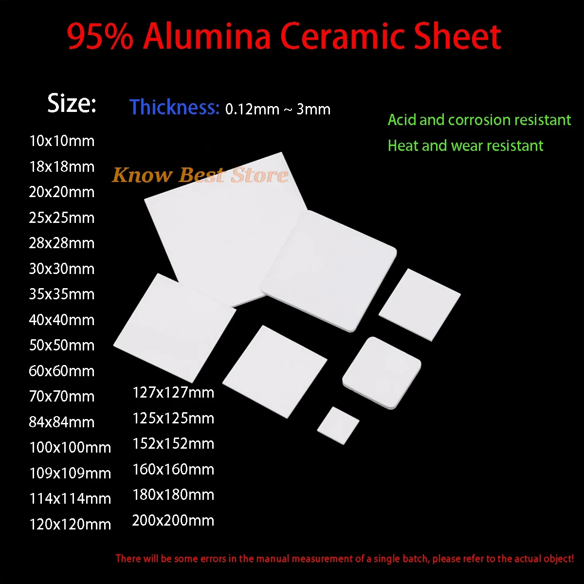 95% Alumina Ceramic Sheet, Square Corundum Wear-Resistant Insulation And Heat Dissipation Ceramic Sheet Thickness0.25/0.38/0.5/0