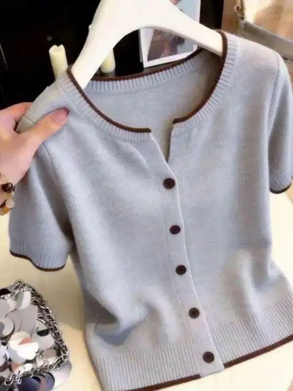 Color Block V-Neck Button Short Sleeve Knitted Open Cardigan Women's Summer New High-End Slimming Pure Color Top