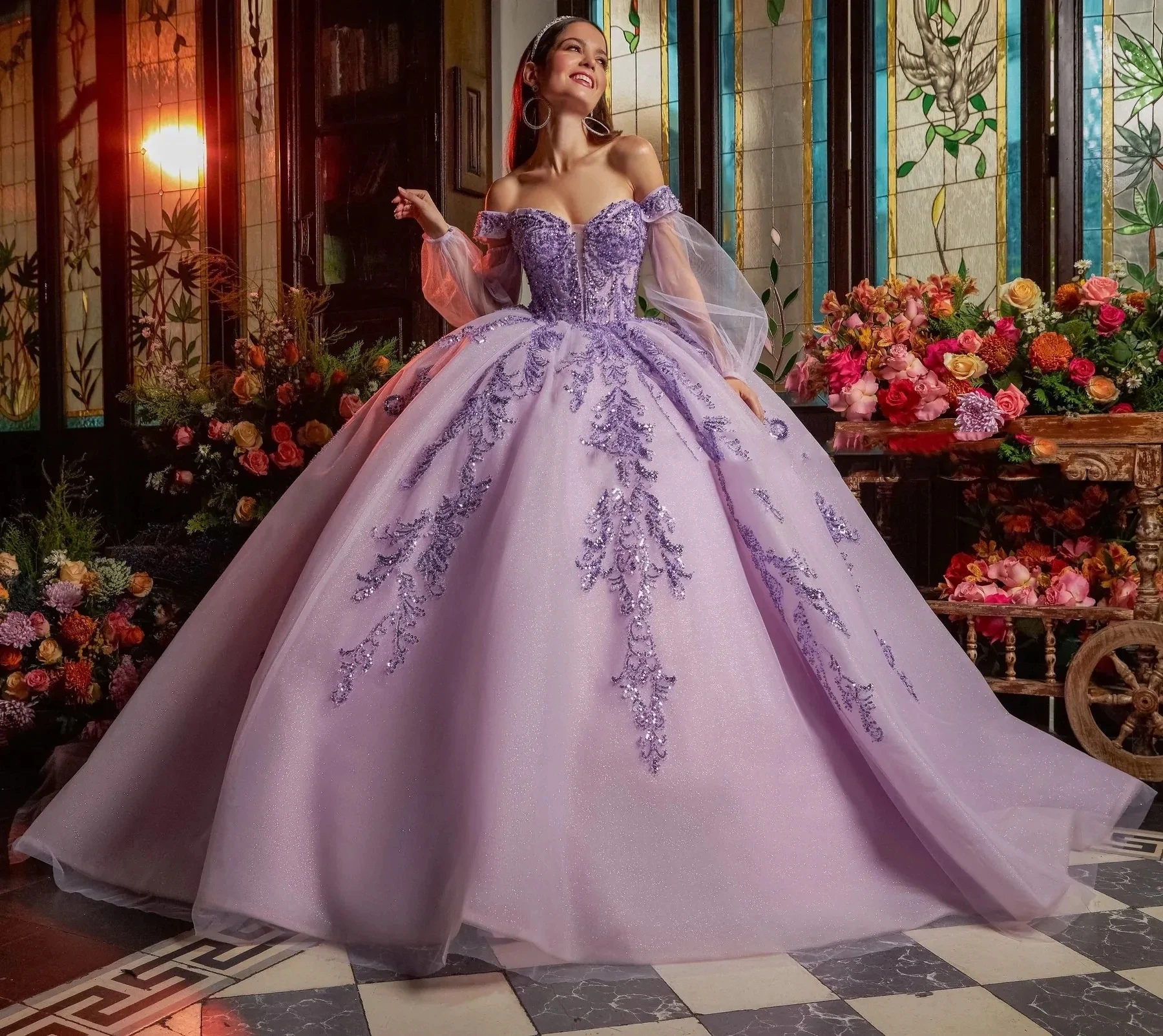 Lilac Charro Quinceanera Dresses Ball Gown Off The Shoulder Tulle Appliques Puffy Mexican Sweet 16 Dresses 15 Anos Customized